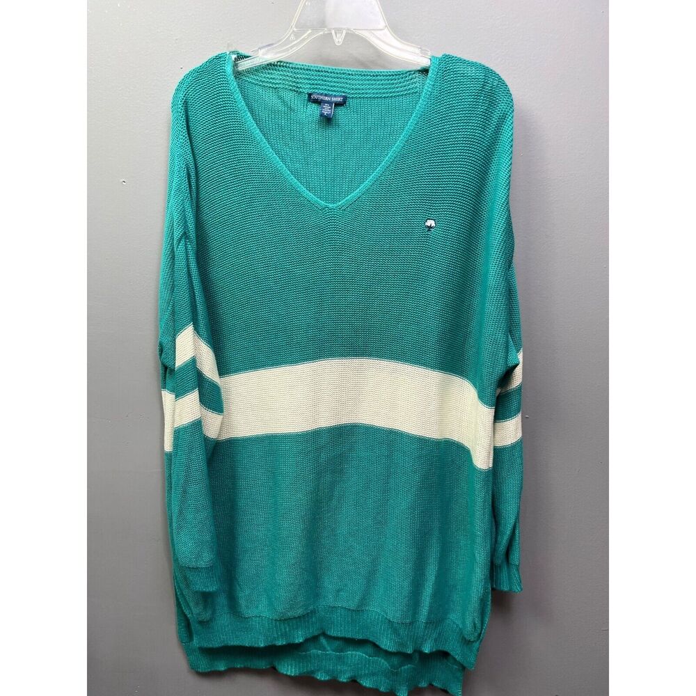 Southern Shirt Sweater Women's size Large Teal/White open knit V-neck Oversize